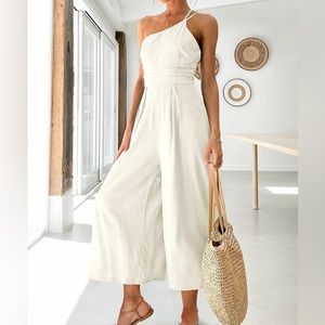 Women's Summer One Shoulder High Waist Wide Leg Jumpsuits with Pockets